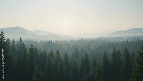 Misty forest, mountains, pines; serene, calm atmosphere. No people.