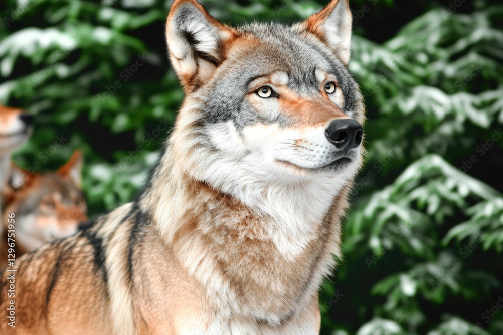 Fototapeta premium Majestic wolf stands proudly in snowy landscape, showcasing fur