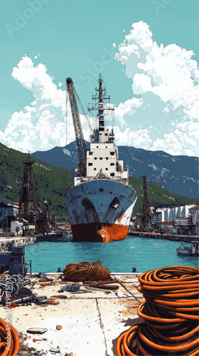 Rustic Cargo Ship Docked at Industrial Port with Cranes and Ropes Vector Illustration - Nautical Maritime Harbor Scene with Mountain and Cloudy Sky Background