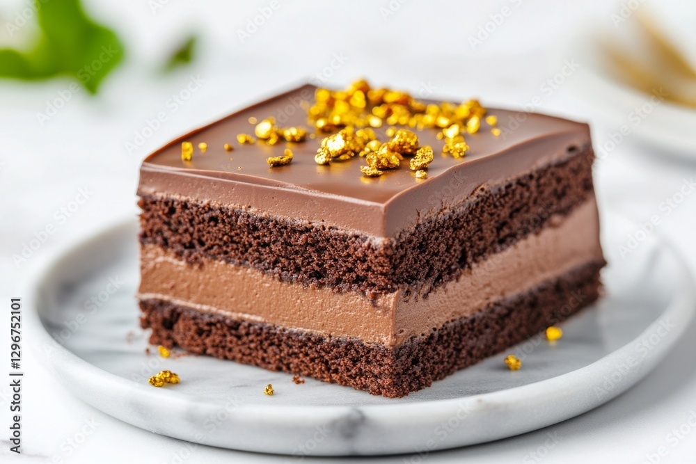 Piece of three chocolate cake with gold sprinkles on top on a marble plate on white table, copy space. Concept Sweet food, food photography, for bakeries and cafes, popular desserts Piece of three chocolate cake with gold sprinkles on top on a marble plate on white table, copy space. Concept Sweet food, food photography, for bakeries and cafes, popular desserts