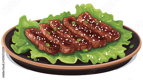 A close-up studio shot depicts four pieces of grilled meat arranged on a bed of fresh green lettuce. The meat is glazed with a dark sauce and sprinkled generously with sesame seeds. The meat is