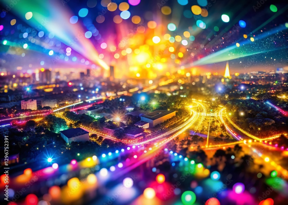 Fototapeta premium Rainbow Bokeh Lights, Disco Party Night, Abstract Background, Drone View, Festive Celebration