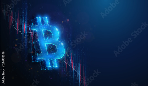 Lowpoly Bitcoin Over Stock Market Crash Chart. Abstract geometric illustration on BTC cryptocurrency rate exchange fall financial concept by wireframe mesh on blue background