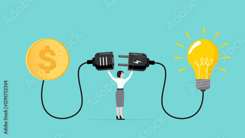 exchanging knowledge with money for a business or start up project, new business idea to get money, businesswoman connect plug with light bulb idea to money concept vector illustration