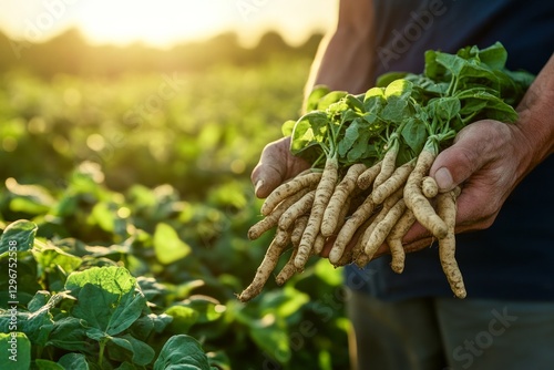 Close-up shot of farmer's hands holding fresh ashwagandha roots, sunny field of plants in background with copy space. Concept Medicinal Herb, Ayurveda and alternative medicine
