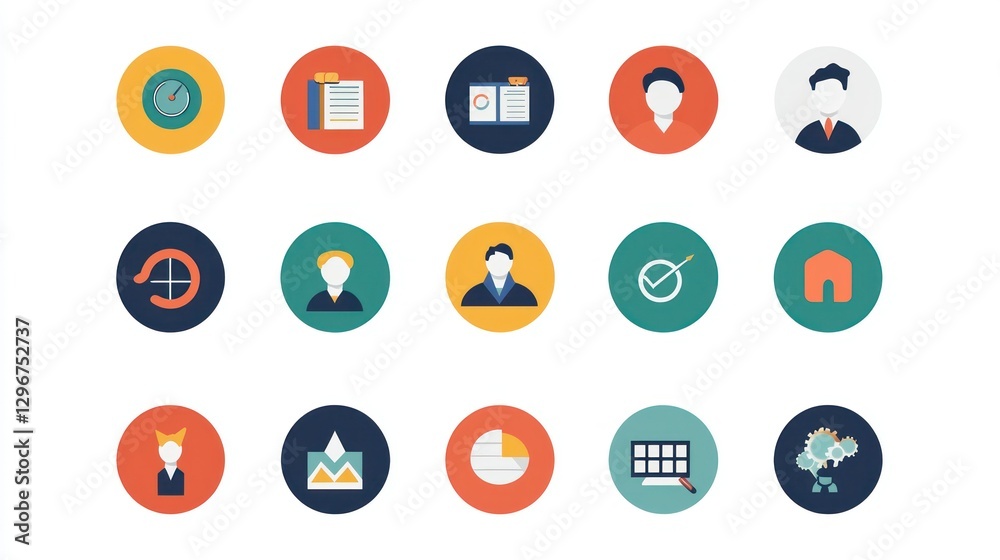 A flat-style icon set representing various business functions, from marketing to HR. A flat-style icon set representing various business functions, from marketing to HR.