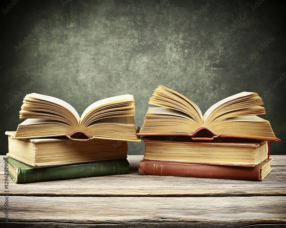 Fototapeta premium Open books on wooden table, dark background, reading