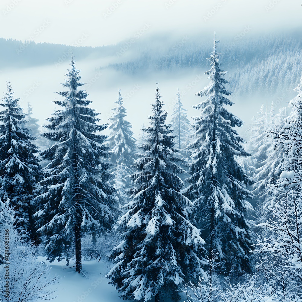 Fototapeta premium Snowy winter scene with peaceful forest and hills high resolution picture