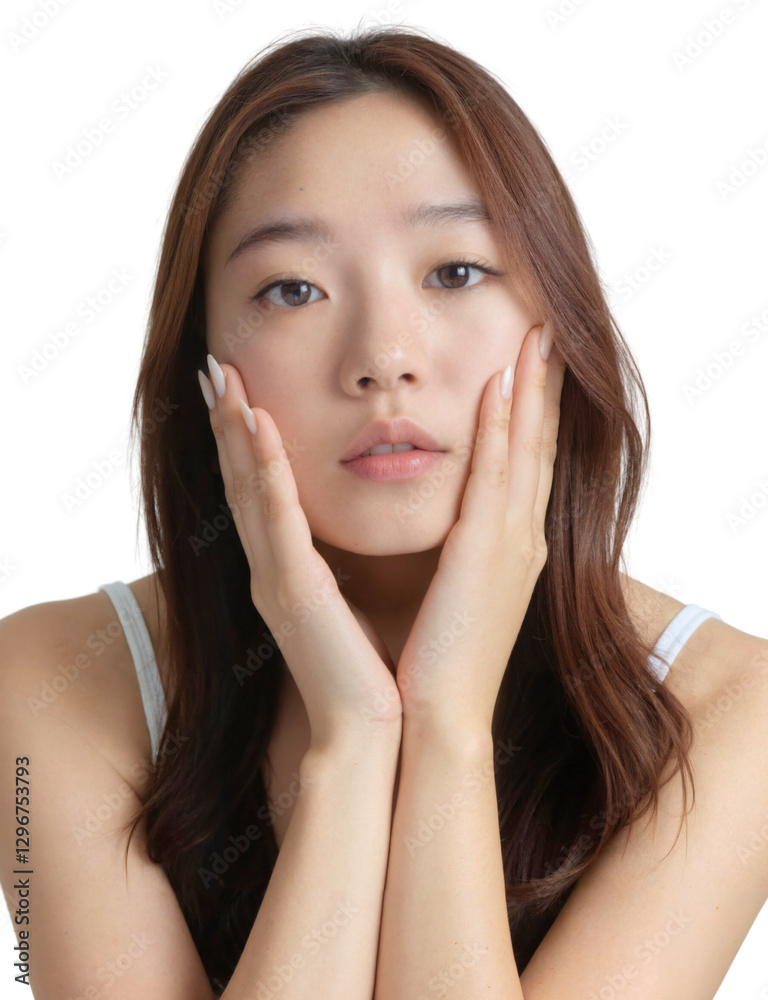 A young woman with long, straight brown hair, wearing a white tank top, gently holds her face with both hands. A young woman with long, straight brown hair, wearing a white tank top, gently holds her face with both hands.