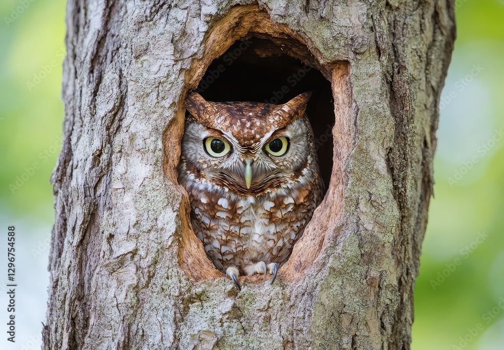 Obraz premium Close-up of an Eastern Screech Owl Nesting in a Tree Hollow Surrounded by Lush Green Foliage in a Scenic Forest Setting