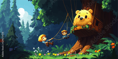 Whimsical Forest Scene with Happy Children Swinging Near Treehouse and Giant Teddy Bear, Amidst Lush Greenery, Colorful Flowers, and Majestic Pine Trees