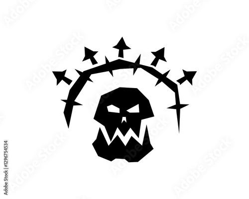 A fierce orc symbol featuring a demonic skull with horns and Gothic shadows, representing barbarian warlords and creature battles in a minimalistic style.