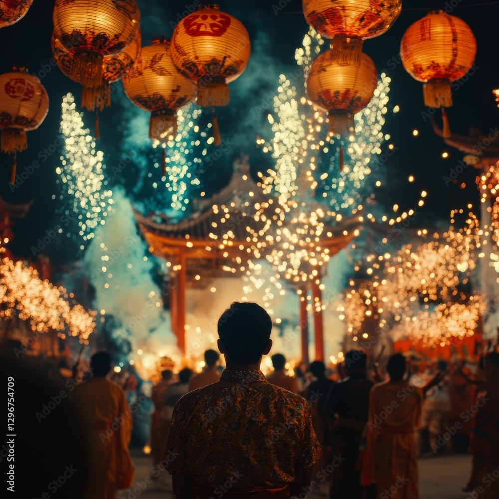 Festive celebration with fireworks and lanterns illuminating a vibrant night scene Festive celebration with fireworks and lanterns illuminating a vibrant night scene
