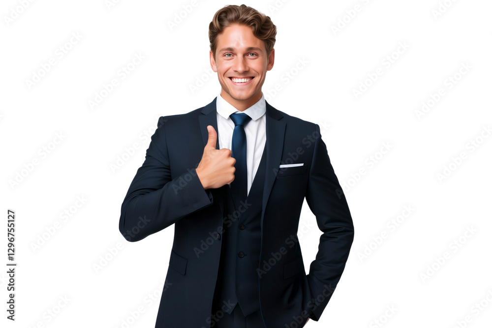 Handsome young businessman in suit showing thumb up sign, isolated on transparent background Handsome young businessman in suit showing thumb up sign, isolated on transparent background