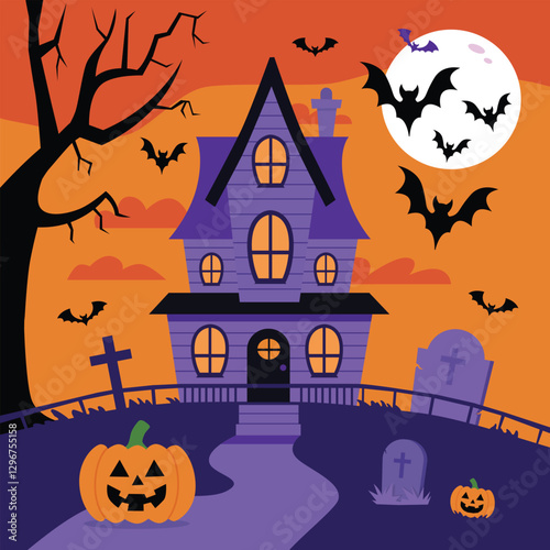 Spooky haunted house with bats
