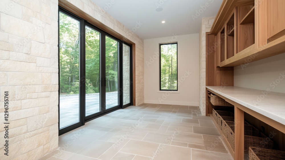 Obraz premium Modern Interior with View: A spacious, contemporary interior with a seamless transition to the outside through large glass doors that open to lush greenery.