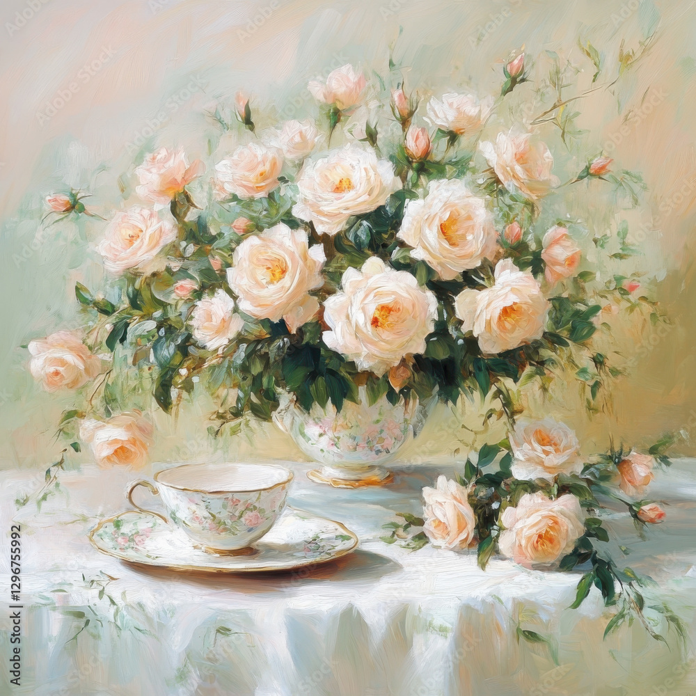 beautiful arrangement of soft pink roses in decorative vase, accompanied by delicate teacup and saucer, creating serene and elegant atmosphere beautiful arrangement of soft pink roses in decorative vase, accompanied by delicate teacup and saucer, creating serene and elegant atmosphere