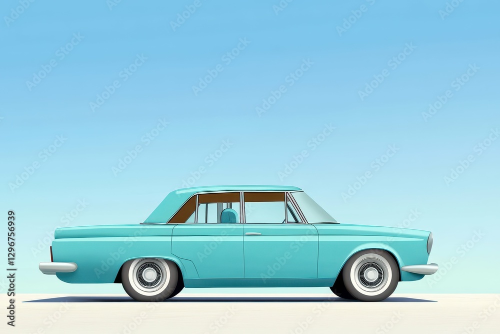 Classic Turquoise Car Parked Under a Clear Blue Sky Presenting Vintage Design and Charm Classic Turquoise Car Parked Under a Clear Blue Sky Presenting Vintage Design and Charm