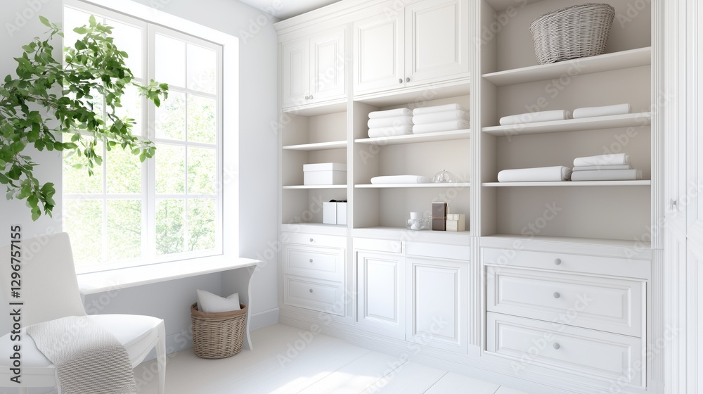 Fototapeta premium Cozy Interior: A bright, airy room featuring a built-in white cabinet, a sunlit window adorned with lush greenery, and a comfortable chair.