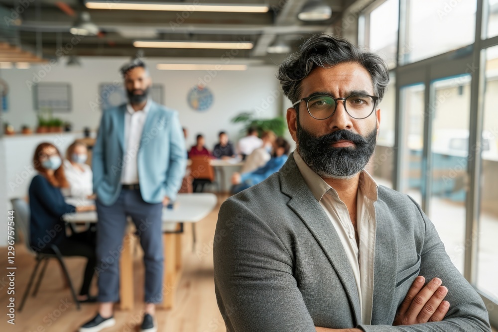 A focused professional stands confidently in the foreground, while colleagues engage in discussions in a modern office environment. A focused professional stands confidently in the foreground, while colleagues engage in discussions in a modern office environment.