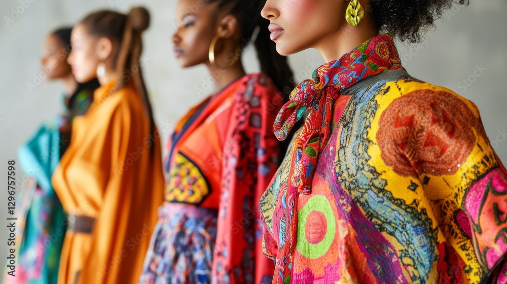 Four stylish women in colorful outfits pose side by side against a minimalist background Four stylish women in colorful outfits pose side by side against a minimalist background