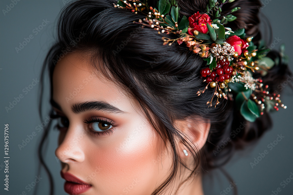 Naklejka premium Woman with Dark Hair and Red Berry Floral Hairpiece