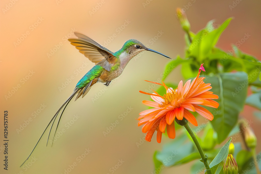 Fototapeta premium A dazzling Hummingbird Long-tailed Sylph (Aglaiocercus kingi) in mid-flight, its iridescent green and blue feathers shimmering as it hovers near a vibrant orange flower