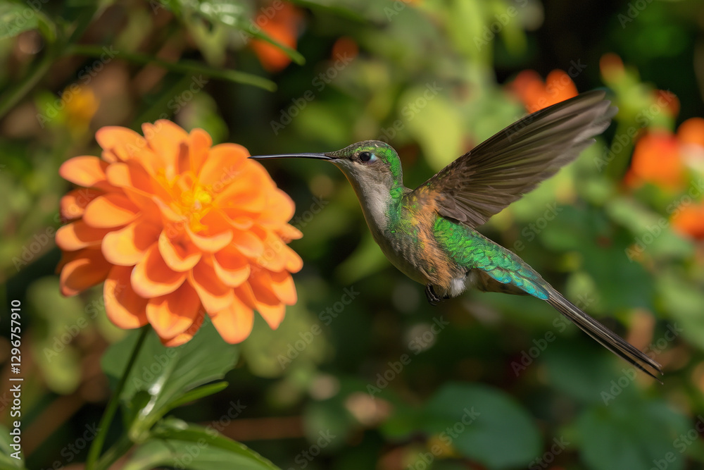 Obraz premium A dazzling Hummingbird Long-tailed Sylph (Aglaiocercus kingi) in mid-flight, its iridescent green and blue feathers shimmering as it hovers near a vibrant orange flower
