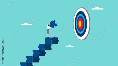 success step to achieve business goal, Business goals as profit target achievement process, the way to achieve goal, management or strategy to achieve target, businesswoman making ladder from puzzle