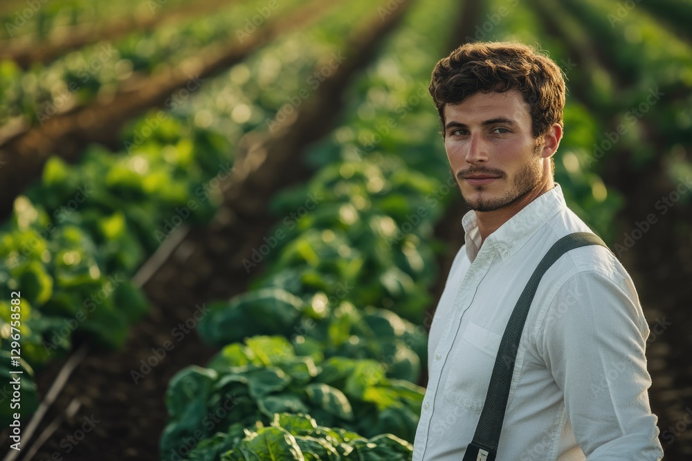 A young farmer stands proudly amidst rows of flourishing leafy greens in his field. A young farmer stands proudly amidst rows of flourishing leafy greens in his field.