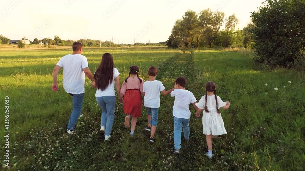 Friendly family with children runs holding hands across summer field. Happy family enjoys game running in green park together on holiday. Children and parents run across field on vacation Friendly family with children runs holding hands across summer field. Happy family enjoys game running in green park together on holiday. Children and parents run across field on vacation