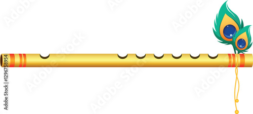Flute with peacock feather. Great for designs, prints, for Krishna Janmashtami and vishu, Vector Graphics