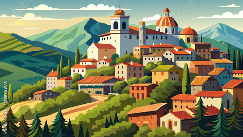 View of medieval hill town and Duomo di San Cristoforo, Barga, Garfagnana, Tuscany