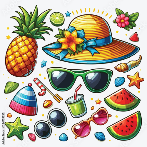 Travel illustrations stickers set. Tourism and summer vacations. Vector cartoon stickers collection.
