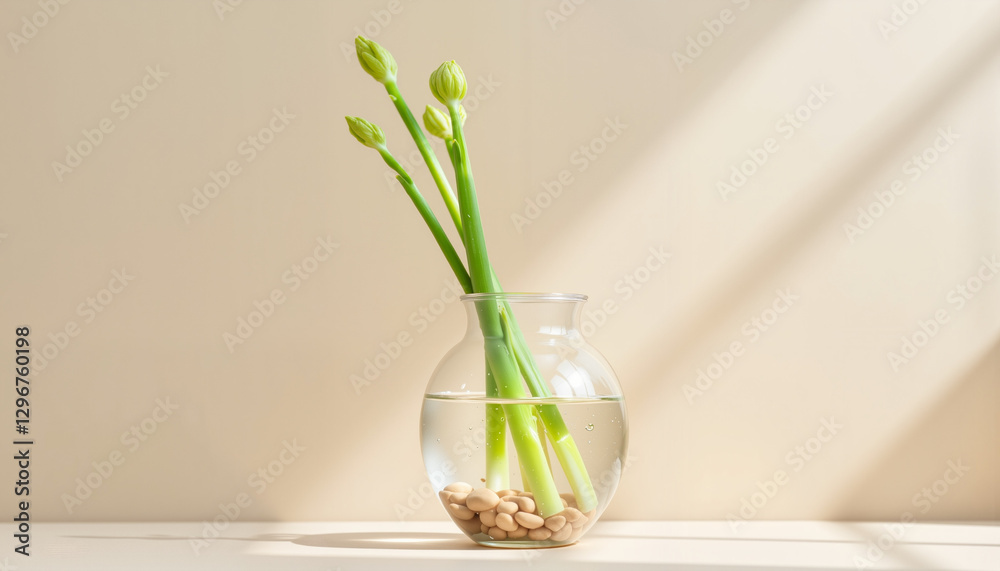 Fototapeta premium Fresh green stems emerging from clear vase, nature's beauty