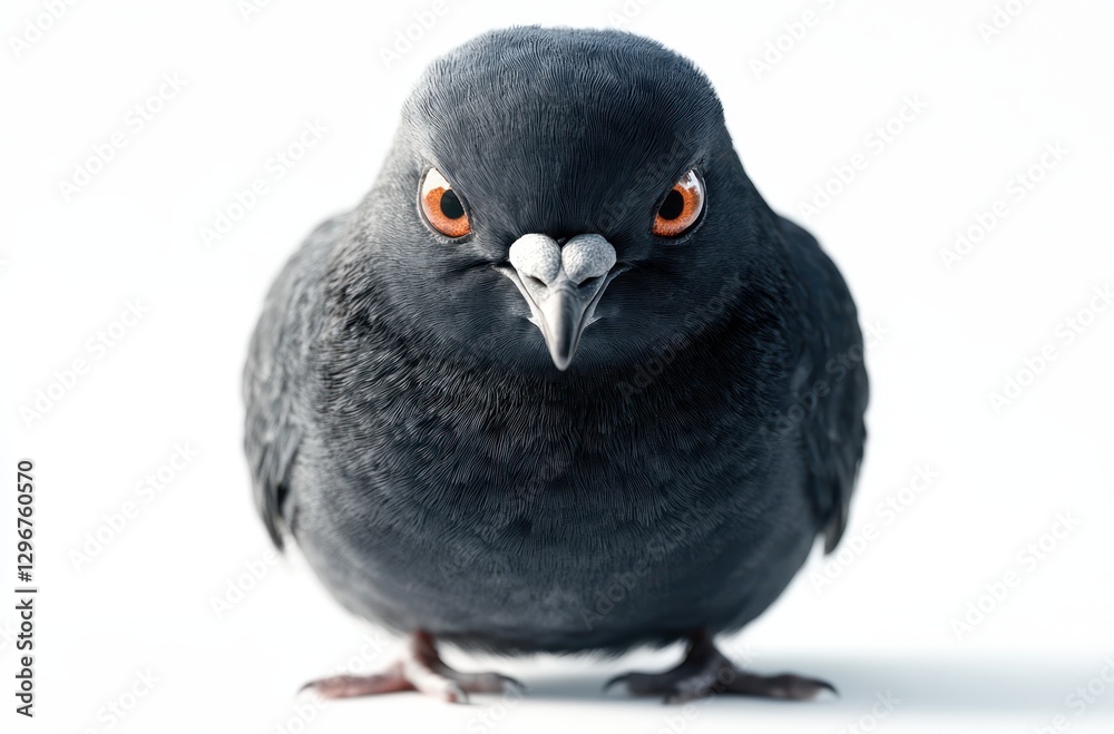 Fototapeta premium Close-Up Portrait of a Unique Dark Gray Bird with Bright Orange Eyes and Interesting Details on a Plain White Background