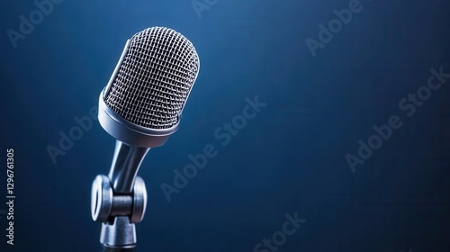 Professional microphone on stage with soft blue background ready for recording or live performance event