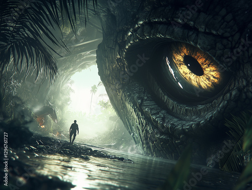 Explorer discovering giant reptile eye in prehistoric jungle cave