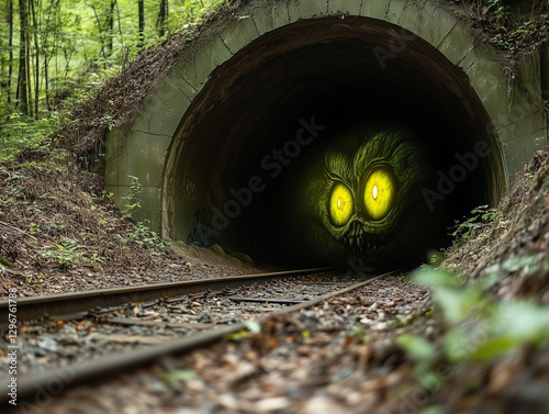 Monster lurking in abandoned railway tunnel in forest