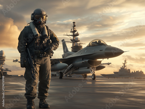 Military pilot standing on aircraft carrier next to fighter jet at sunset