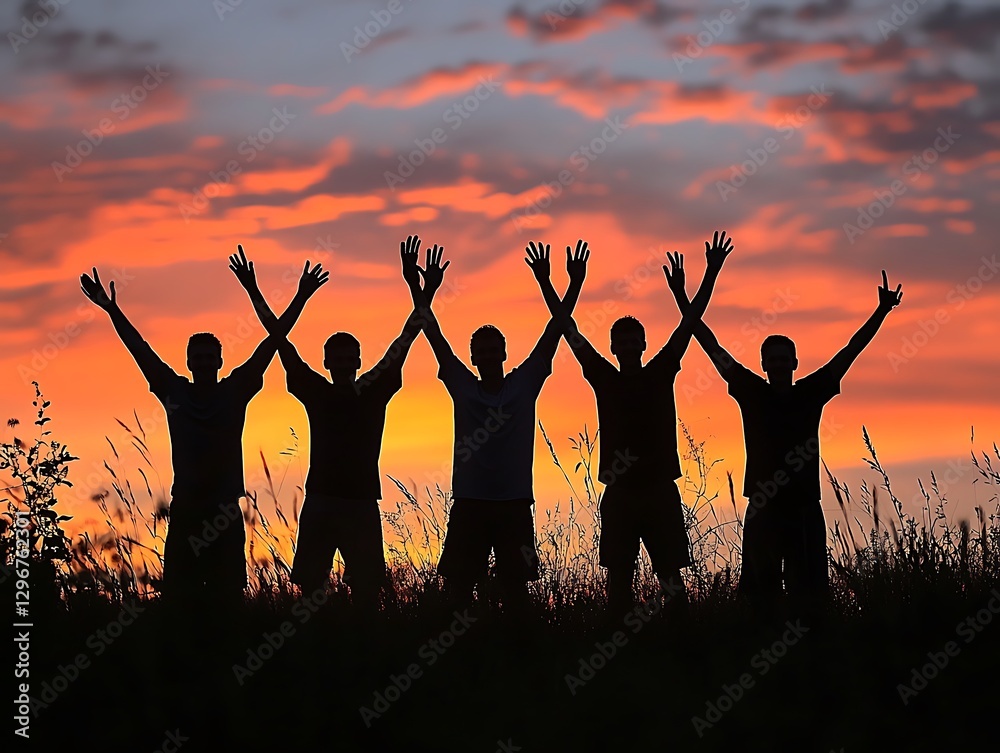 Silhouetted friends rejoice sunset field Silhouetted friends rejoice sunset field