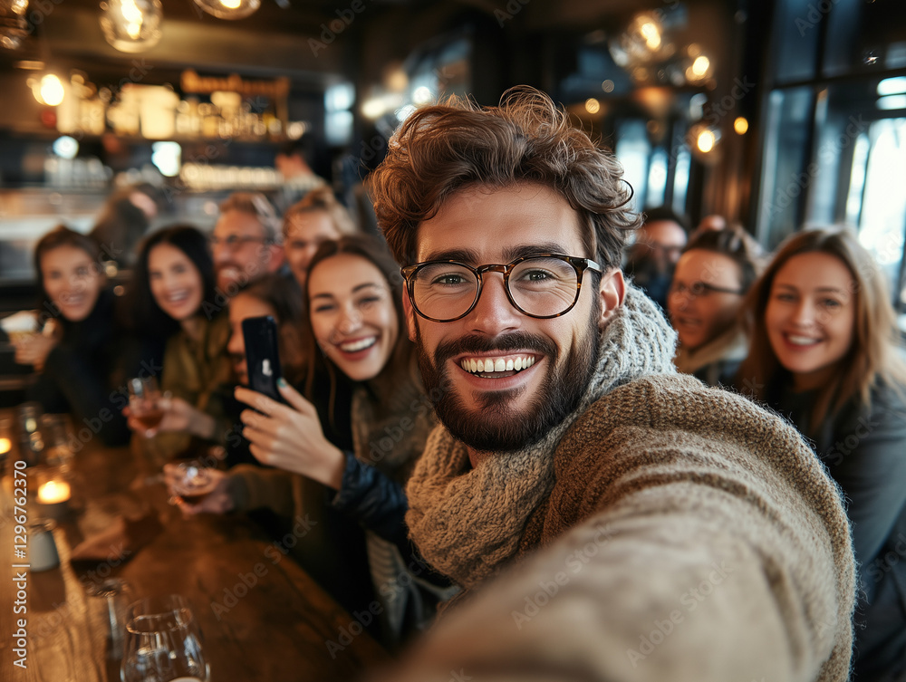 Happy man taking selfie with friends in cozy pub Happy man taking selfie with friends in cozy pub
