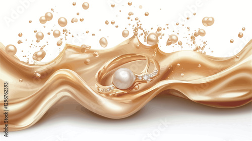 A digital illustration depicting a large, lustrous pearl nestled within a dynamic splash of golden liquid. The liquid is highly reflective and exhibits a smooth, flowing texture, with waves and