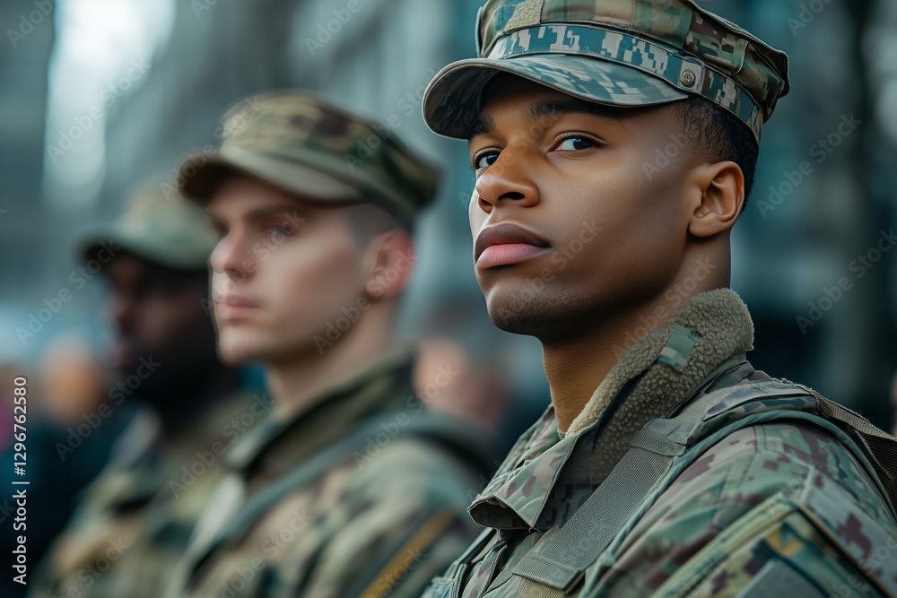 Three soldiers, representing different ethnicities, stand together in a busy urban street. Their serious expressions reflect dedication and readiness amidst the bustling crowds Three soldiers, representing different ethnicities, stand together in a busy urban street. Their serious expressions reflect dedication and readiness amidst the bustling crowds