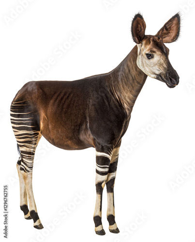 Okapi standing on a transparent background, showcasing its unique zebra striped legs and reddish brown coat, a symbol of african wildlife preservation