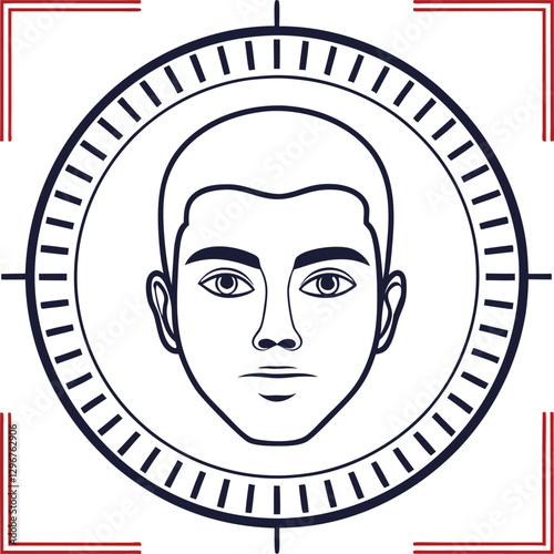 Line art portrait of a man in a target frame.