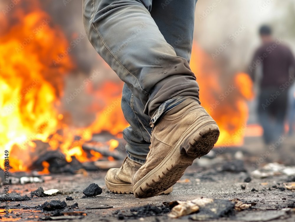 Protester walking near burning barricade during riot Protester walking near burning barricade during riot