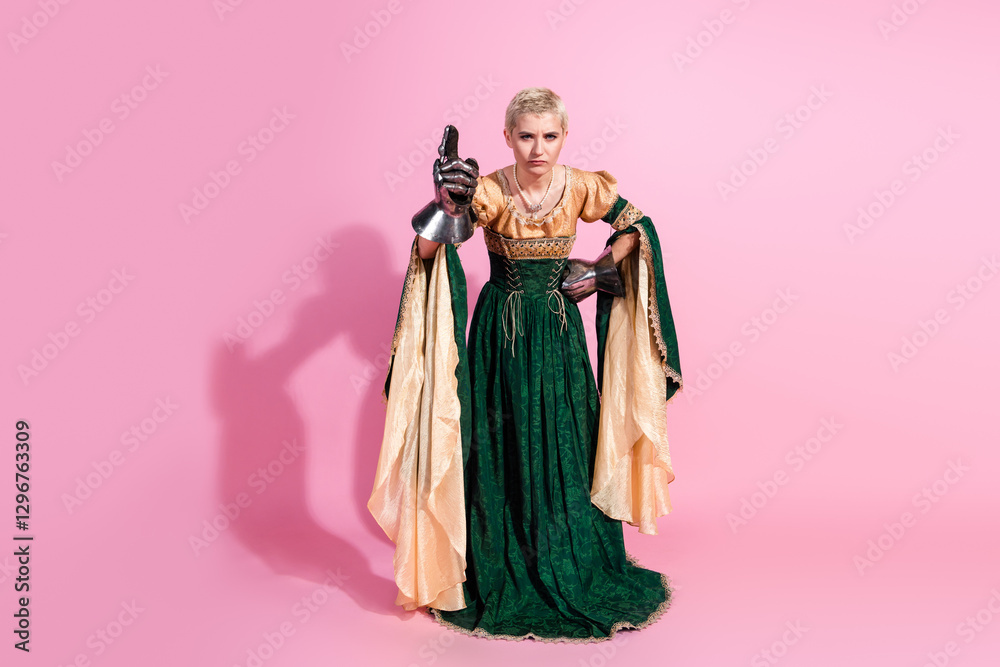 Portrait of a woman in a regal medieval-style dress posing against a vibrant pink backdrop with elegant and humorous expressions Portrait of a woman in a regal medieval-style dress posing against a vibrant pink backdrop with elegant and humorous expressions