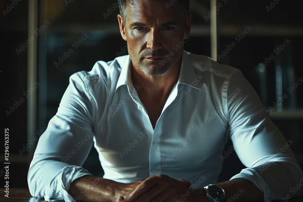 A serious, middle-aged man in a crisp white shirt sits pensively, hands clasped. A serious, middle-aged man in a crisp white shirt sits pensively, hands clasped.