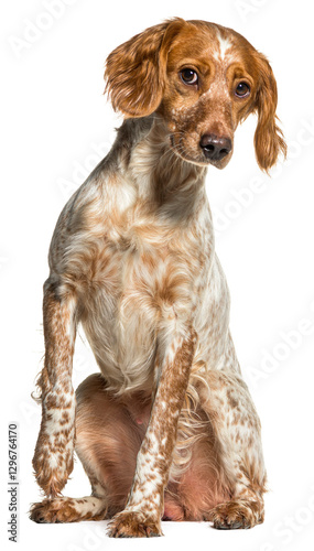 Brittany spaniel sitting and looking curious, isolated on transparent background